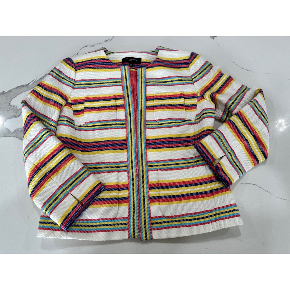 Talbots Petites Multi Color Stripe Tweed Jacket 0P Red Yellow Blue